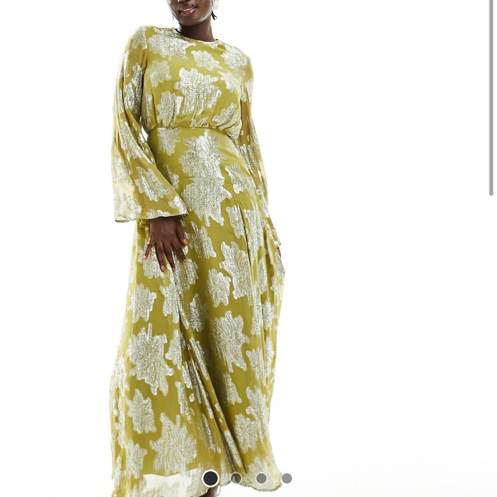 Asos design metallic long sleeve midi dress with frill cuffs in chartreuse